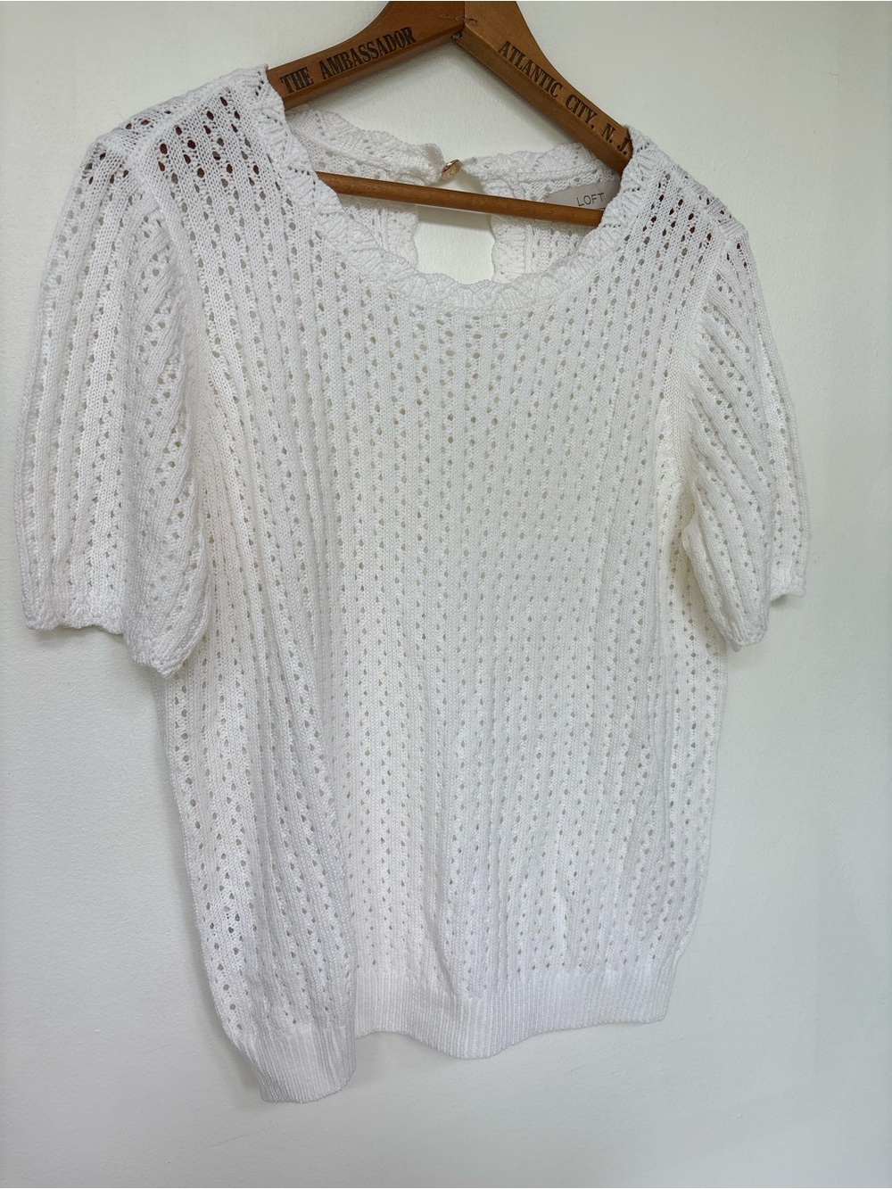 LOFT White Knit Eyelet Short Sleeve Sweater
